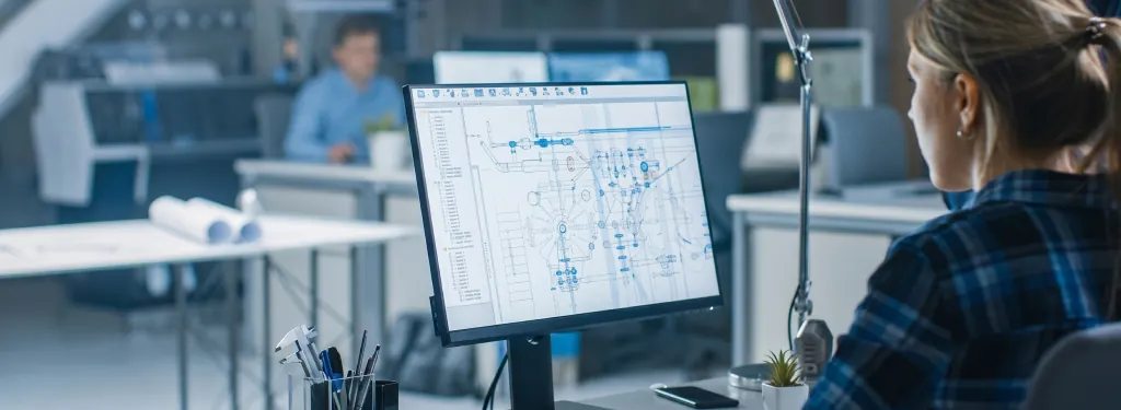 Equipe de engenharia analisando o projeto de uma estação de tratamento de água
