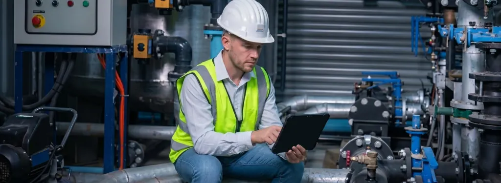 Técnico realizando manutenção em equipamento de tratamento de água